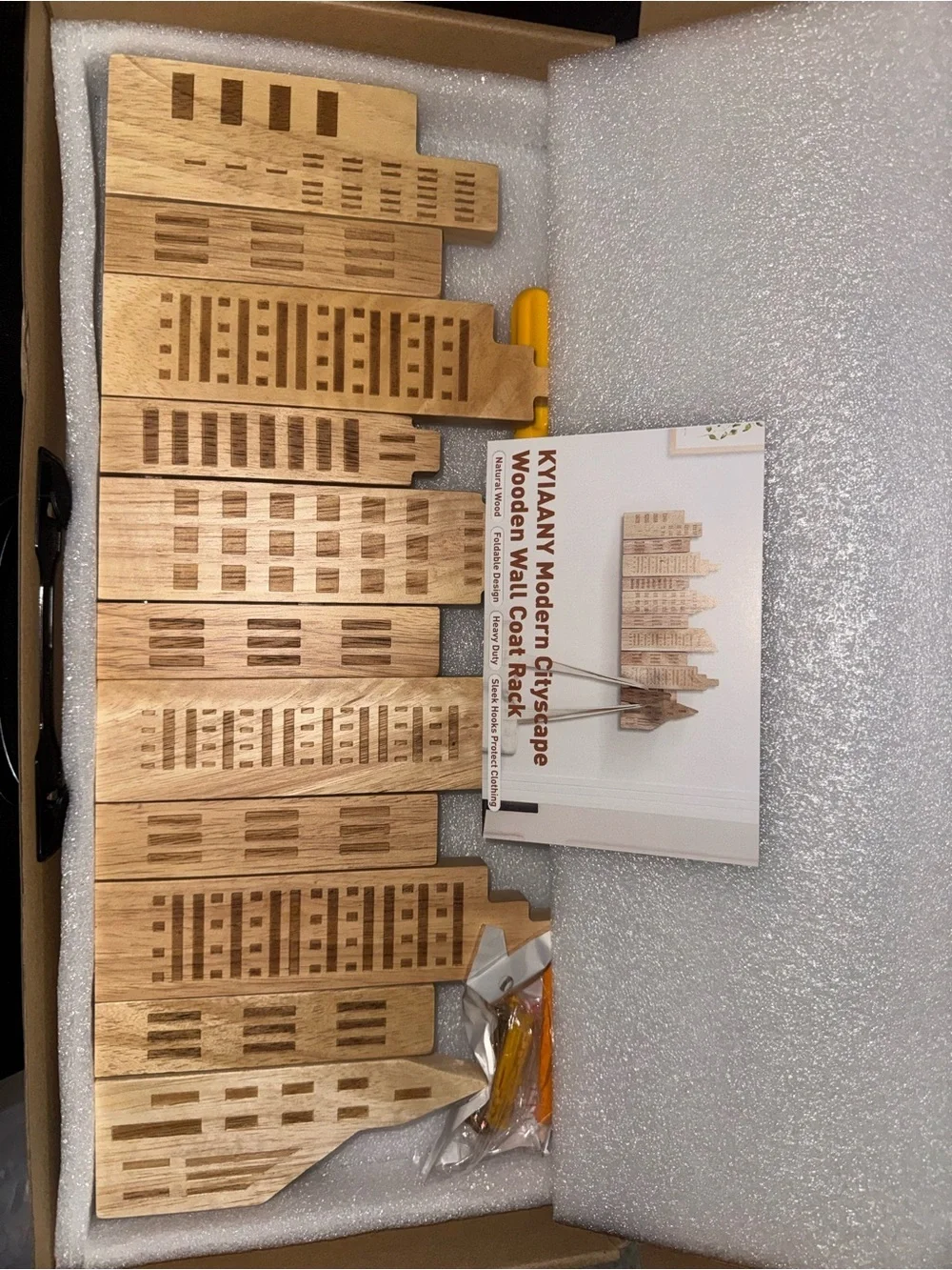 Wooden Cityscape Wall Hook Rack in Natural Wood
